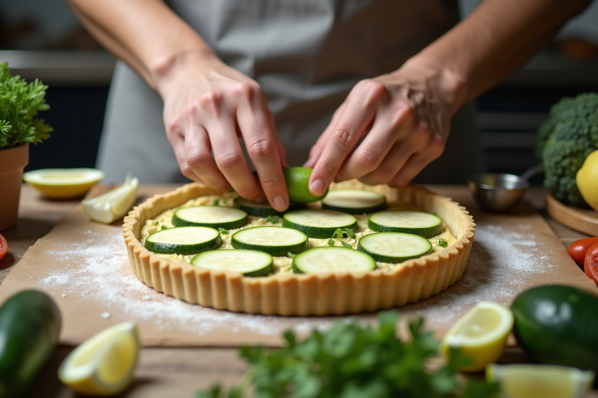 Mains disposant des tranches de zucchini et chèvre sur pâte à tarte