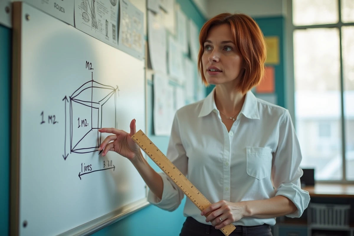 Professeure de mathématiques expliquant la conversion mètre cube en litre devant un schéma affiché en classe
