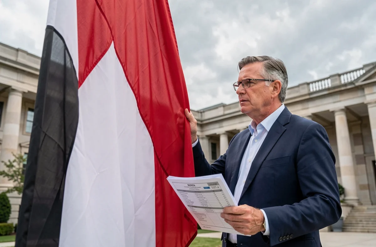 Professionnel en blazer marine examinant un grand drapeau rouge blanc noir devant un bâtiment officiel