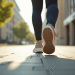 Personne marchant rapidement sur un trottoir urbain en plein jour