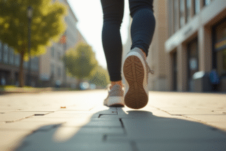 Personne marchant rapidement sur un trottoir urbain en plein jour