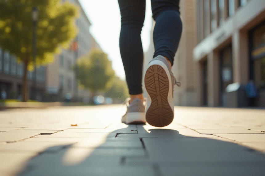 Personne marchant rapidement sur un trottoir urbain en plein jour