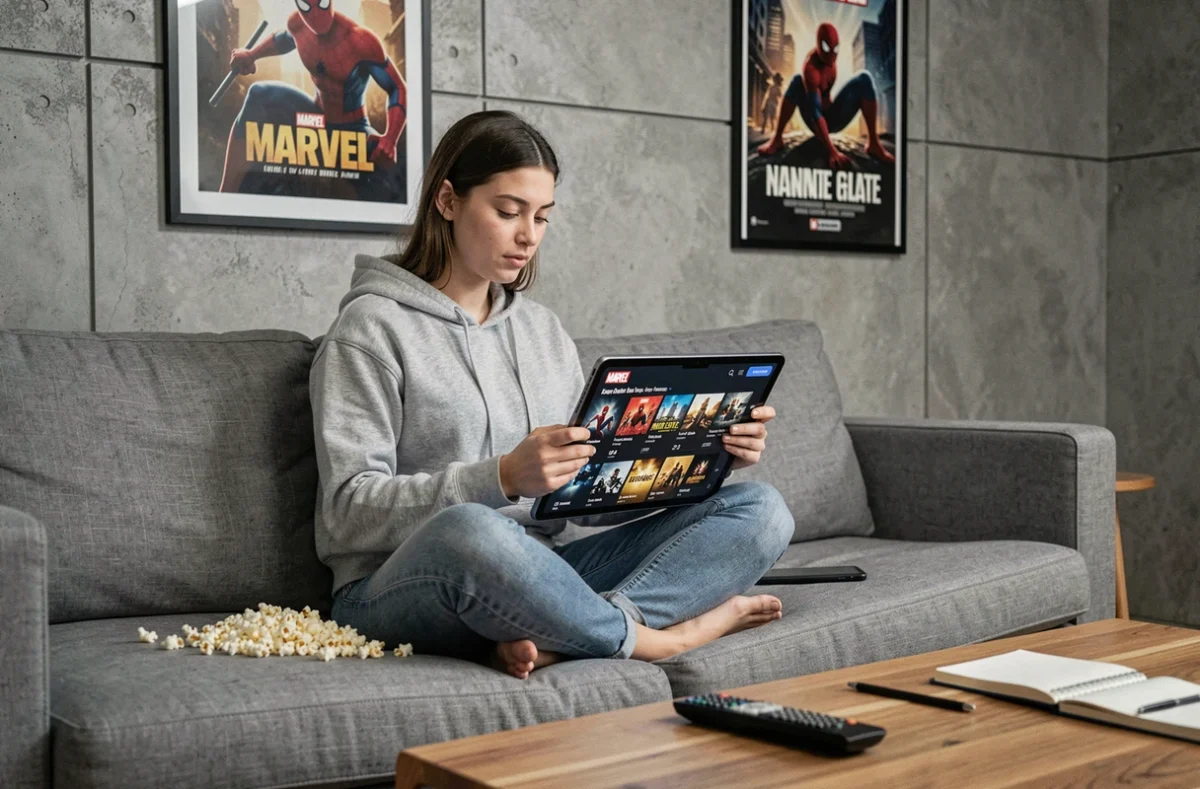 Jeune femme regardant l'ordre des films Spider-Man Tom Holland sur une tablette dans un salon moderne avec affiche Marvel au mur