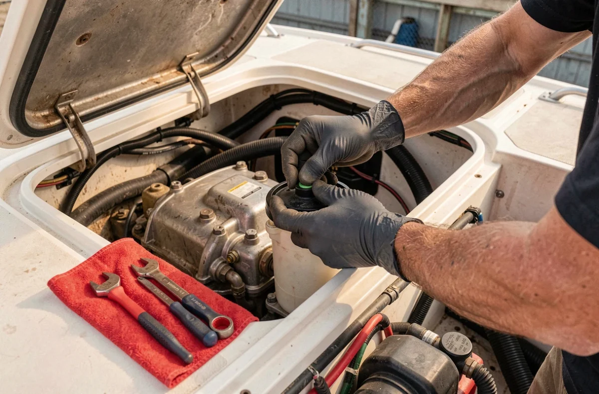 Remplacement d'un filtre à carburant sur un moteur inboard de bateau lors d'un entretien mécanique nautique