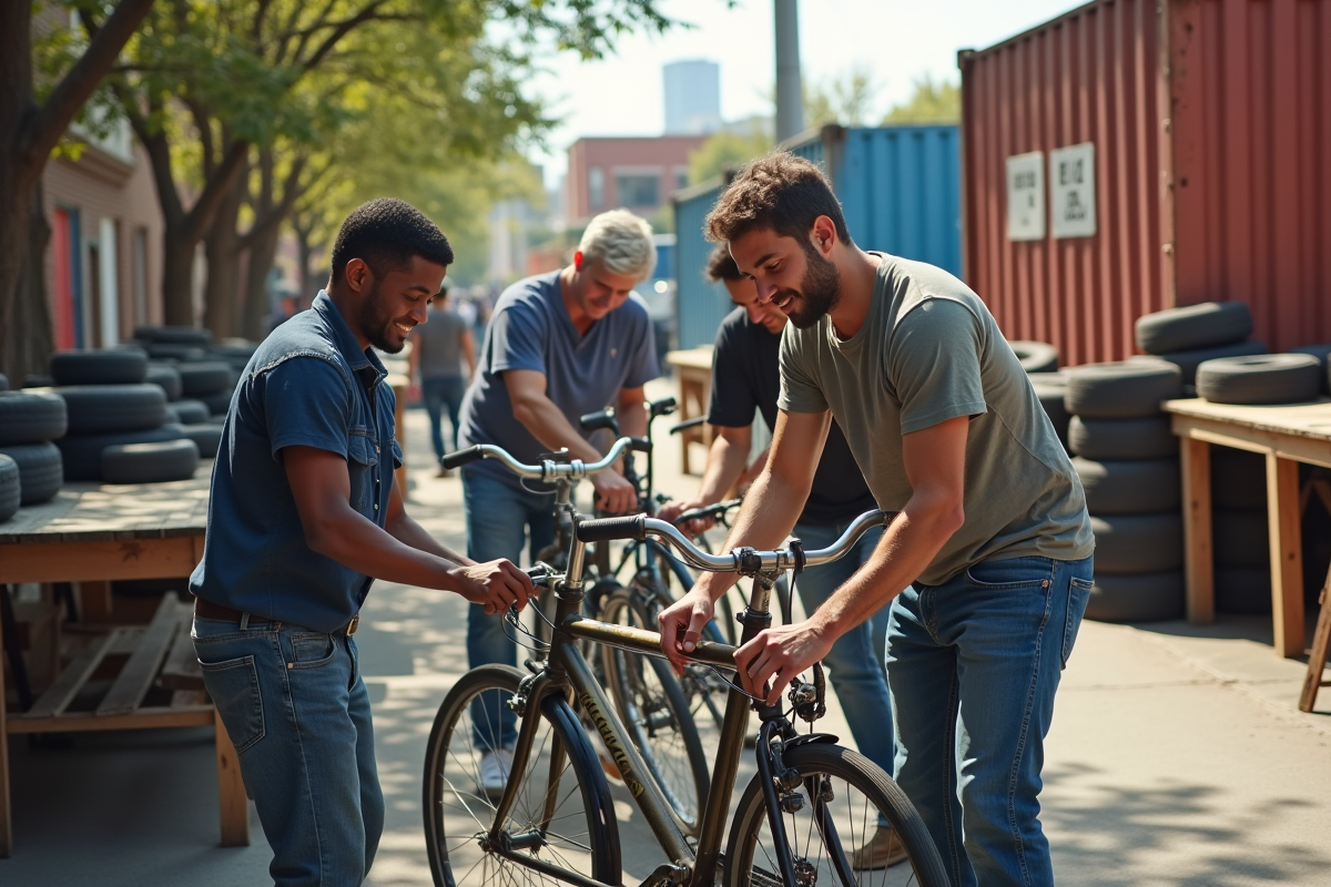 Groupe de personnes réparant des vélos en atelier urbain