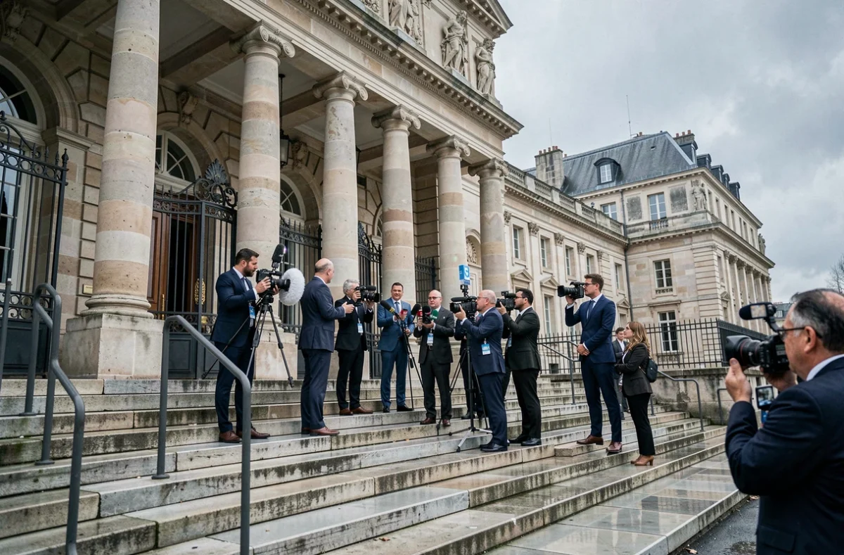 Journalistes rassemblés devant l'entrée d'un palais de justice français lors d'une affaire judiciaire à fort retentissement médiatique