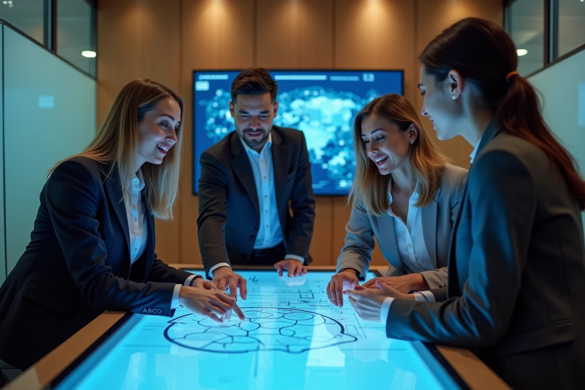 Groupe de professionnels planifiant la sécurité blockchain en réunion