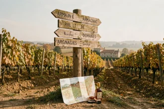 Panneau indicateur en bois au carrefour des vignobles d'Armagnac avec carte oenotouristique et verre de brandy en Gascogne