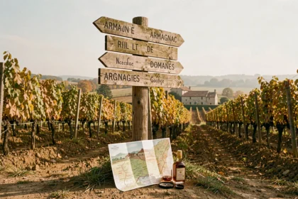 Panneau indicateur en bois au carrefour des vignobles d'Armagnac avec carte oenotouristique et verre de brandy en Gascogne