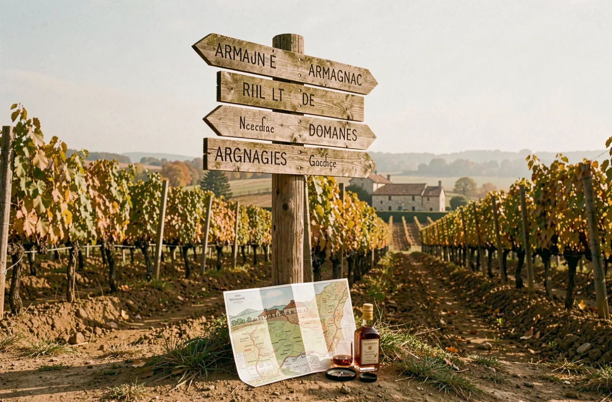 Panneau indicateur en bois au carrefour des vignobles d'Armagnac avec carte oenotouristique et verre de brandy en Gascogne