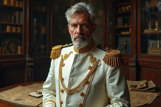 Portrait d'un chef militaire puissant en manteau blanc et or devant des cartes nautiques, illustrant les théories sur Saint Garling Figarland dans One Piece