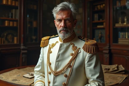 Portrait d'un chef militaire puissant en manteau blanc et or devant des cartes nautiques, illustrant les théories sur Saint Garling Figarland dans One Piece
