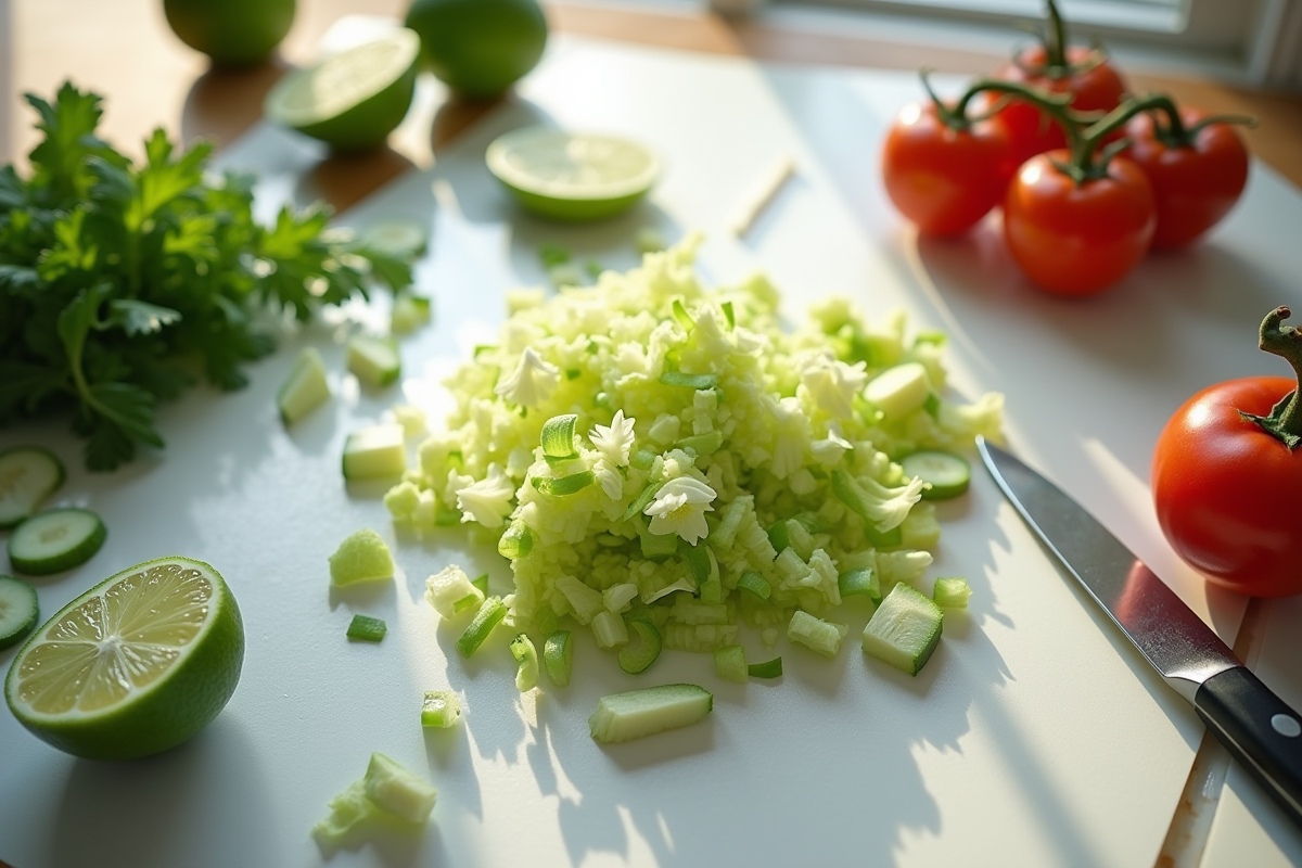 Légumes coupés et salade en préparation sur un plan de travail lumineux