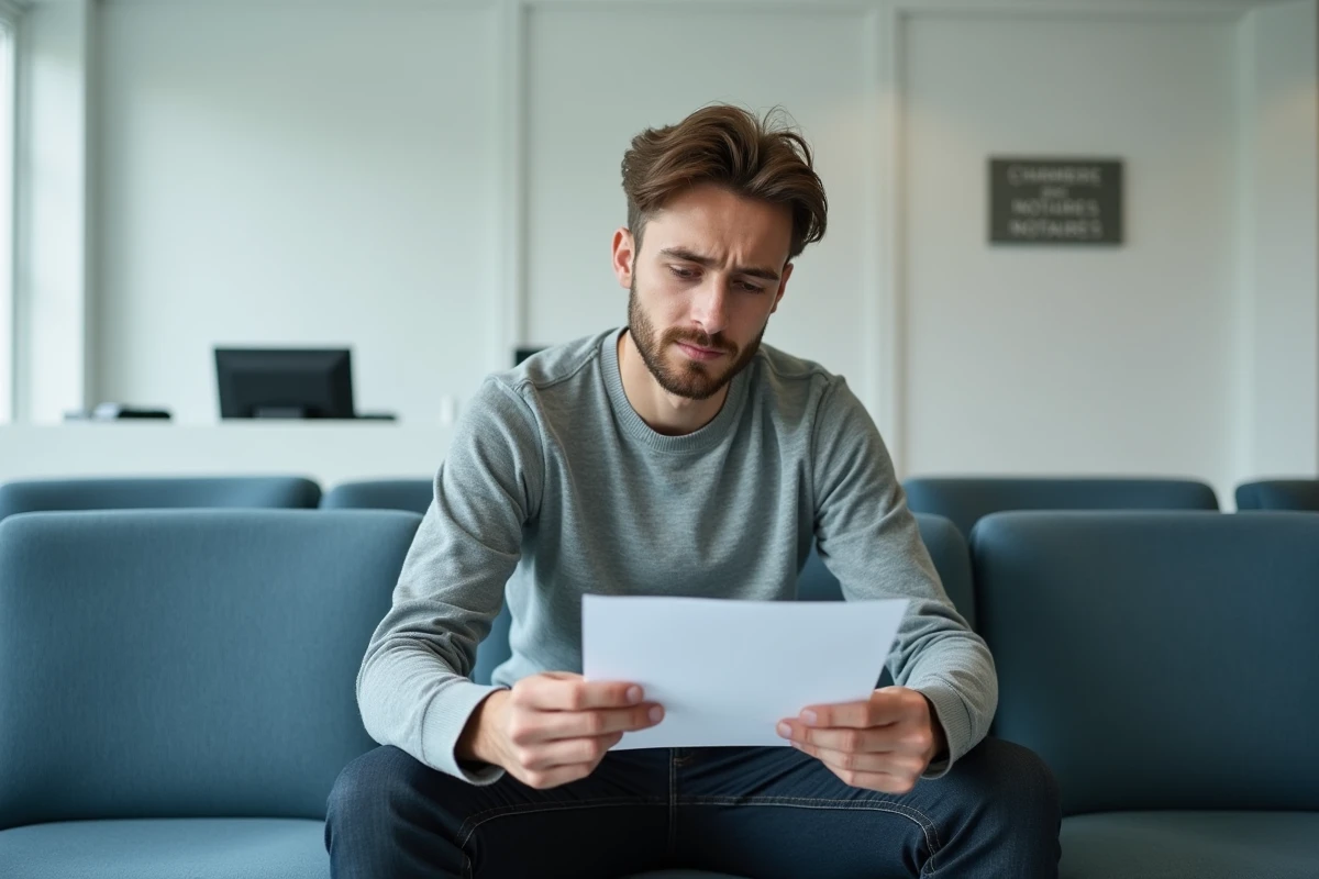 Jeune homme en salle d'attente de la chambre des notaires tenant un document avant une consultation gratuite