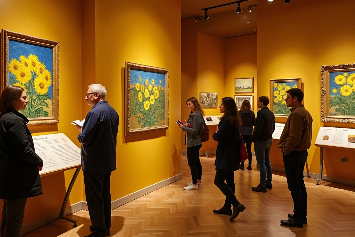 Salle d'exposition Van Gogh avec visiteurs découvrant la série des tournesols à Lyon