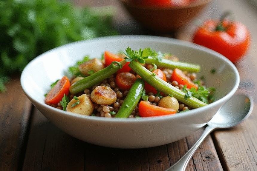 Bol de légumes sautés avec poireaux et lentilles frais