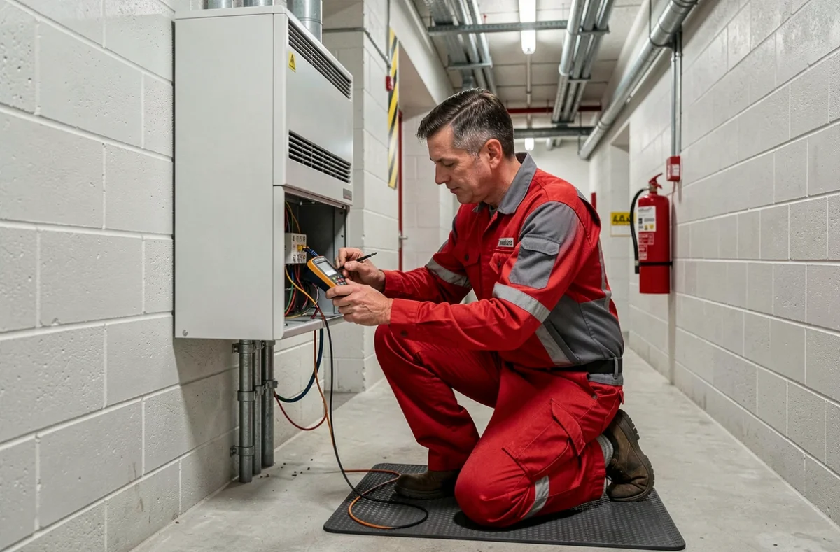 Technicien de Scedac effectuant la maintenance d'un équipement de chauffage commercial dans les Yvelines