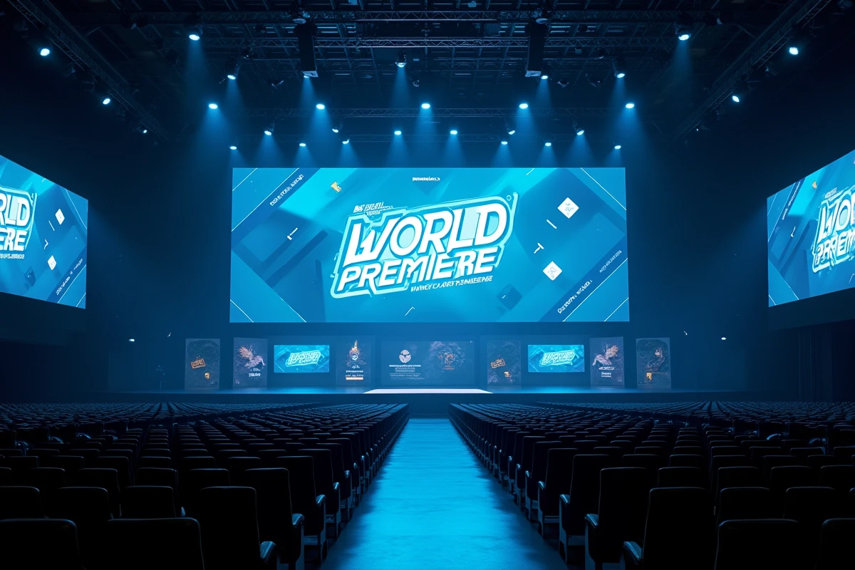 Scène vide d'une grande conférence gaming avec écran LED affichant World Premiere, ambiance Summer Game Fest