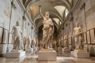 Sculptures de dieux grecs dans un musée néoclassique illustrant la mythologie grecque dans la culture populaire