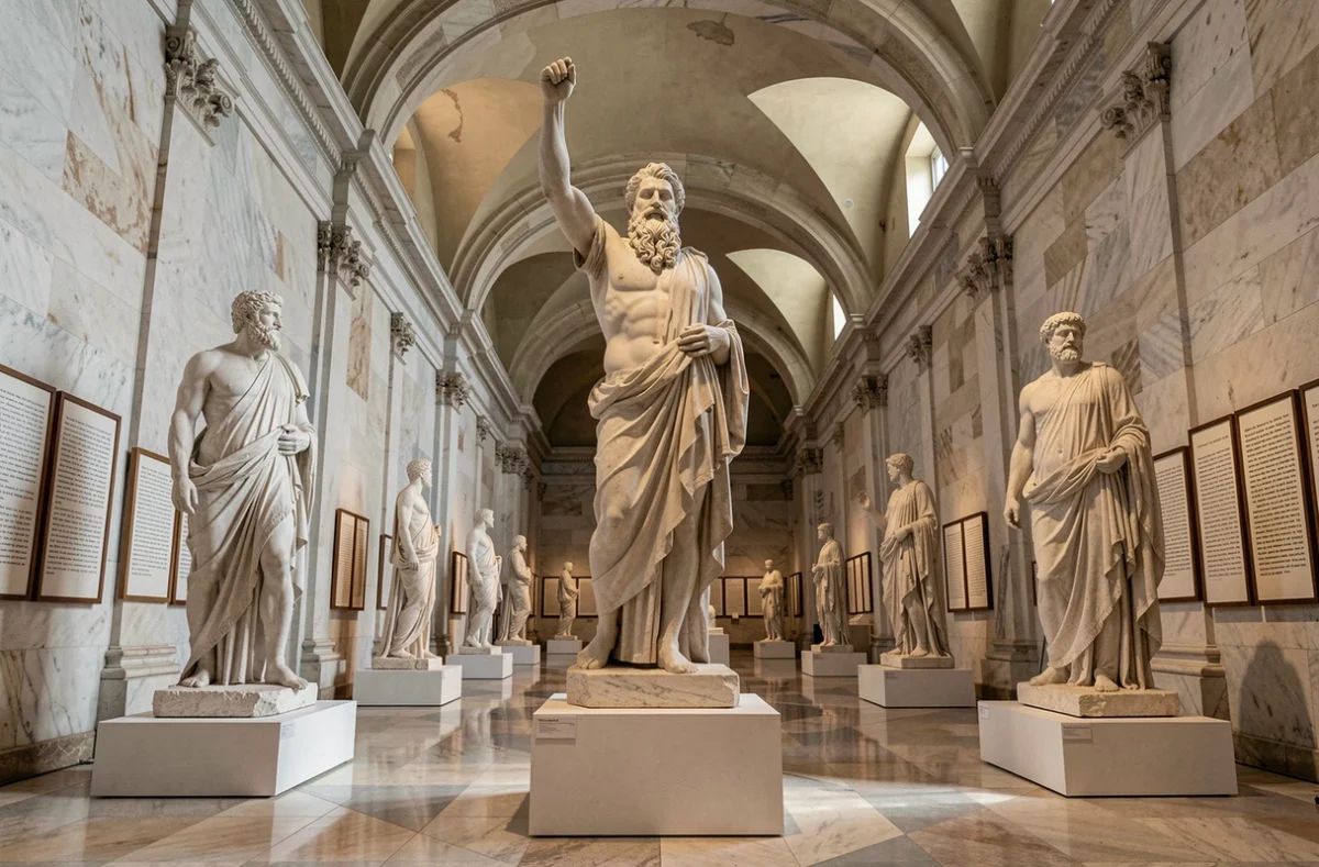 Sculptures de dieux grecs dans un musée néoclassique illustrant la mythologie grecque dans la culture populaire