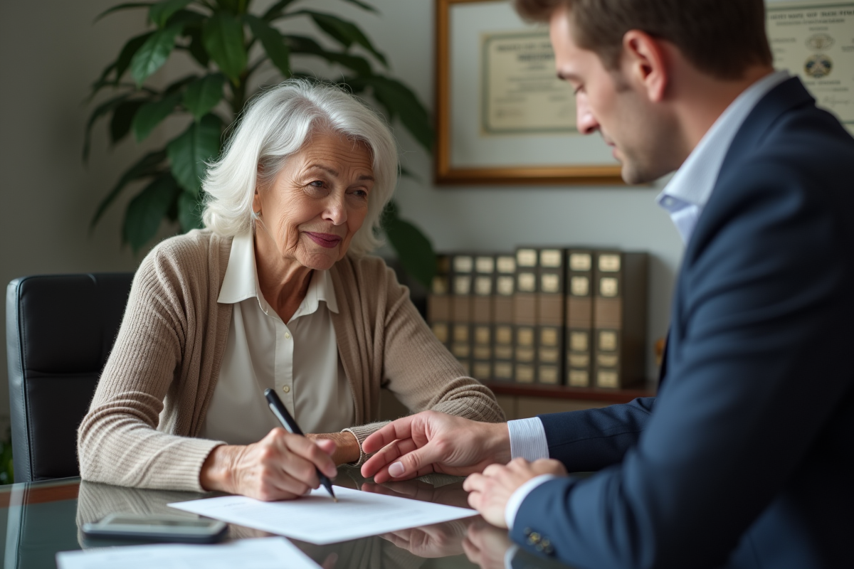 Femme âgée signant un document avec un homme soutenant