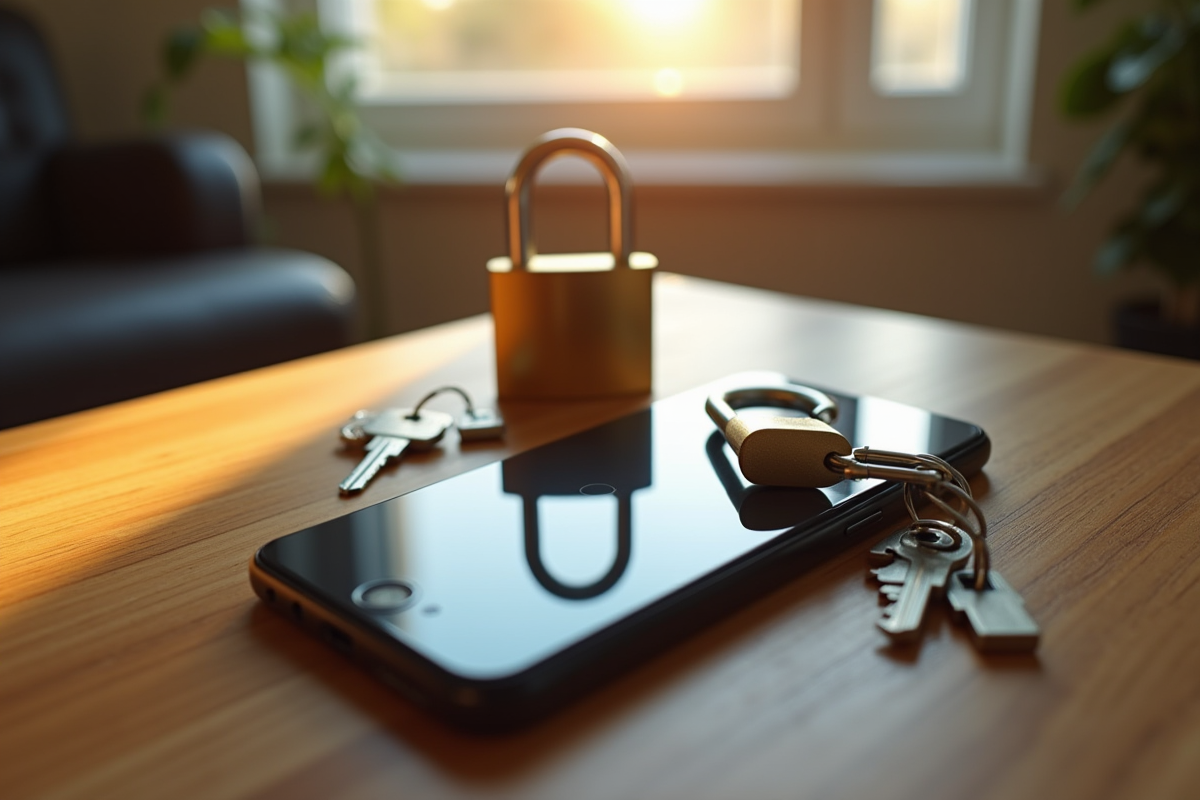 Smartphone avec cadenas et clés de sécurité sur une table ensoleillée