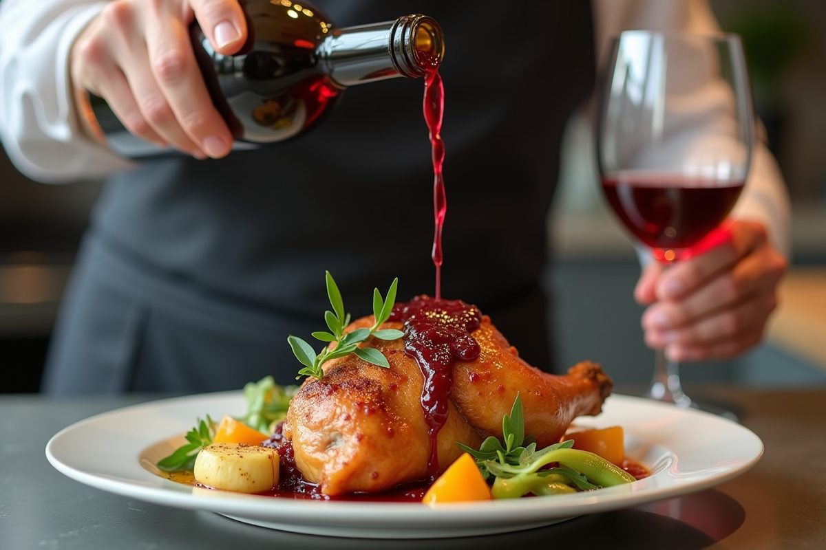 Sommelier versant du vin rouge avec un plat de capon doré