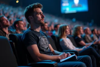 Spectateur skeptique dans le public d'une grande conférence gaming de type Summer Game Fest, tenant un carnet de notes