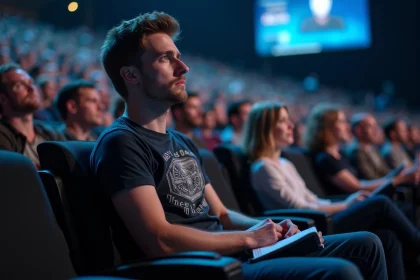 Spectateur skeptique dans le public d'une grande conférence gaming de type Summer Game Fest, tenant un carnet de notes