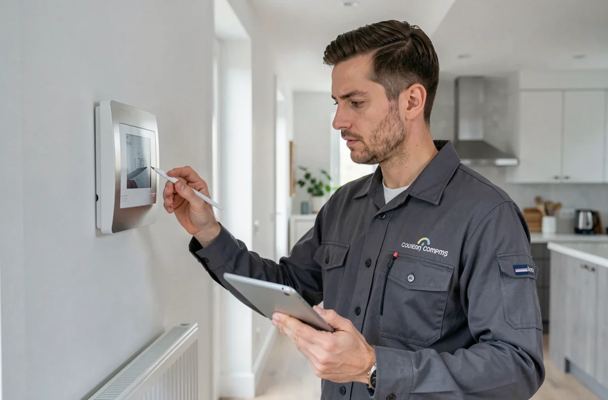 Technicien de Systems DO configurant un thermostat connecté dans une maison des Yvelines