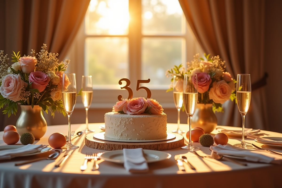 Table élégante avec gâteau anniversaire et décor floral