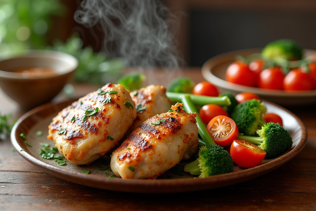 Table rustique avec poulet grillé et légumes vapeur