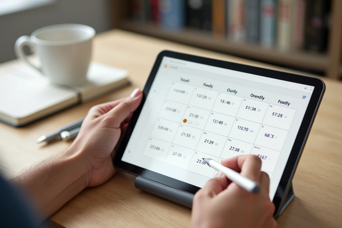 Mains utilisant une tablette numérique pour planifier des rendez-vous médicaux selon les semaines paires et impaires 2026