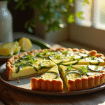 Tarte zucchini et chèvre frais sur table rustique lumineuse