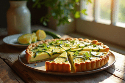 Tarte zucchini et chèvre frais sur table rustique lumineuse