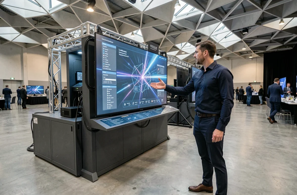 Un coordinateur de Toul'Events présentant une installation numérique interactive dans un espace événementiel moderne de Toulouse