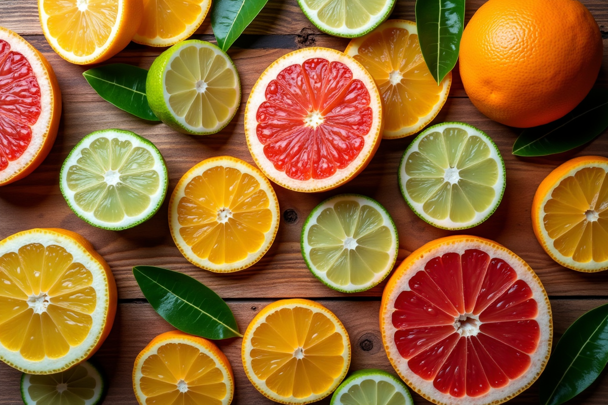 Tranches de fruits citrus sur une table en bois rustique