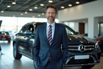 Vendeur automobile en costume devant SUV haut de gamme