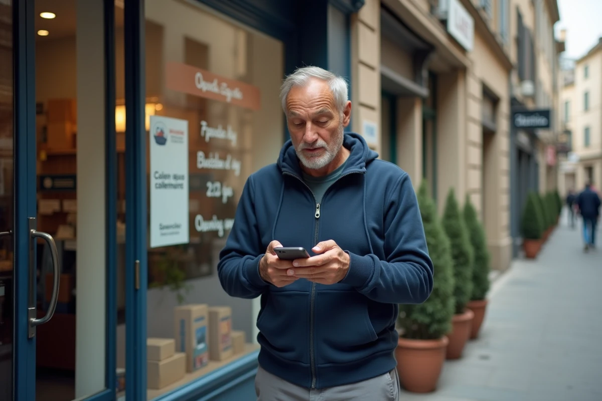 Homme vérifiant les horaires d'un point relais colis sur son téléphone devant une boutique à Bordeaux