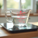Verre mesureur avec eau sur balance numérique précise