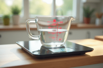 Verre mesureur avec eau sur balance numérique précise