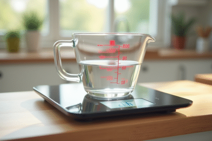 Verre mesureur avec eau sur balance numérique précise