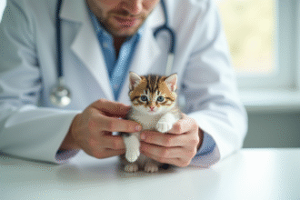Vétérinaire examinant un chaton dans une clinique propre