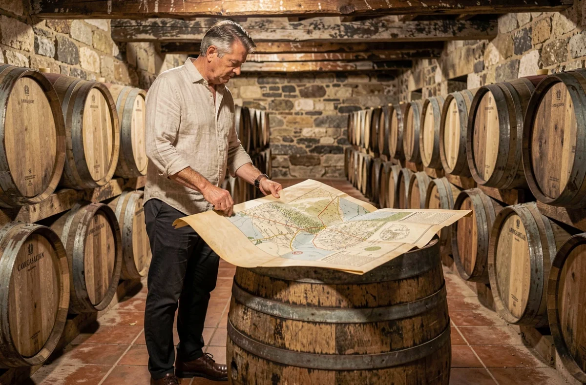 Vigneron gascon consultant une carte oenotouristique de la route de l'Armagnac dans un chai traditionnel avec des fûts de chêne