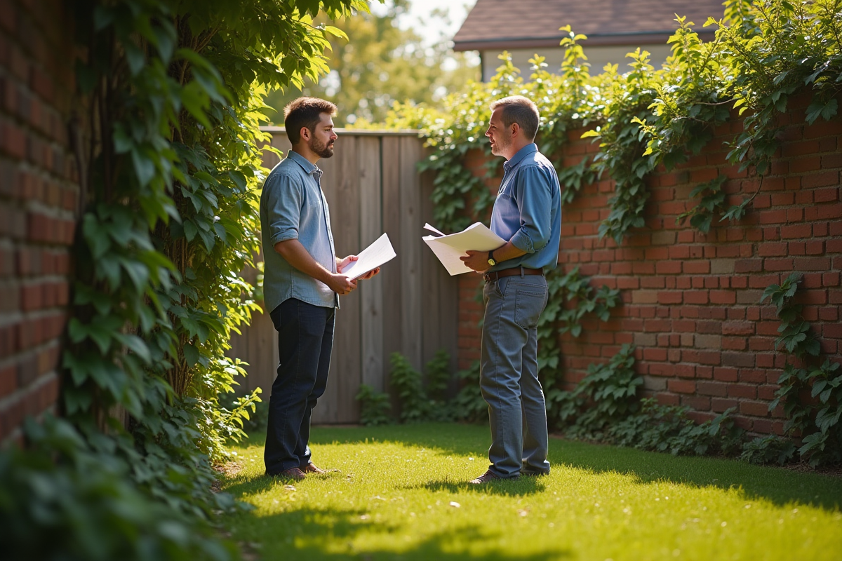 Voisins discutant de limites de propriete en plein jour