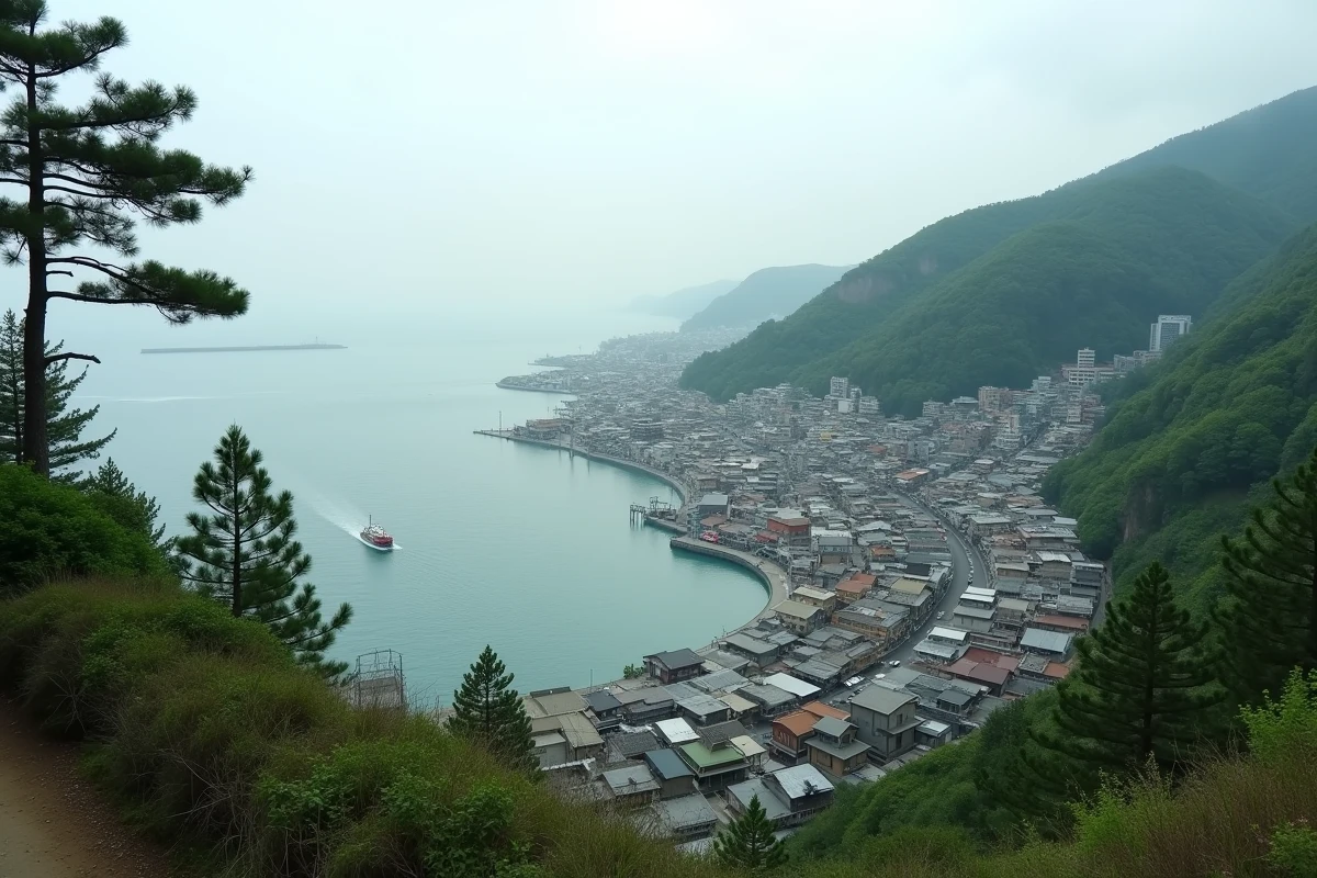 Vue panoramique d'un petit port japonais depuis une colline avec bateaux sur une eau calme